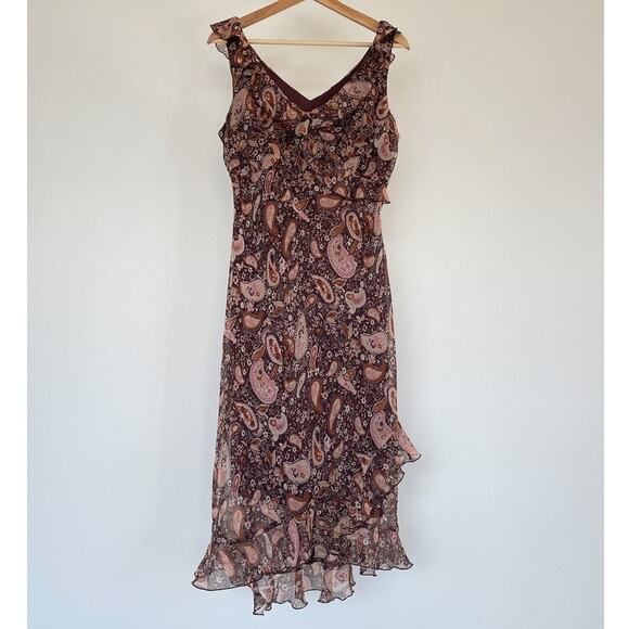 Vtg Y2K Brown Paisley Floral Ruffled Sleeveless Dress Sz 10 Fairycore Grunge - Picture 1 of 9